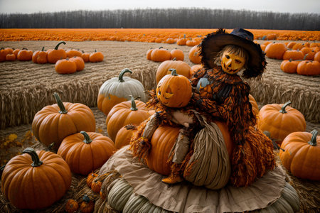 A Scarecrow Sitting On Top Of A Pumpkin Patch. Generative AIの素材