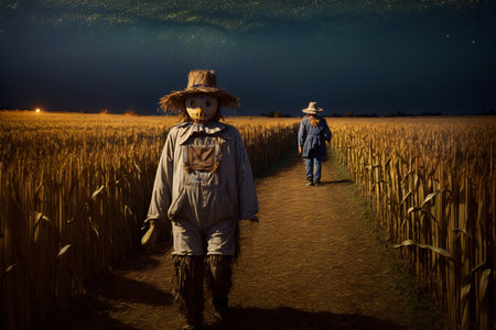 Two Scarecrows Walking In A Cornfield At Night. Generative AIの素材
