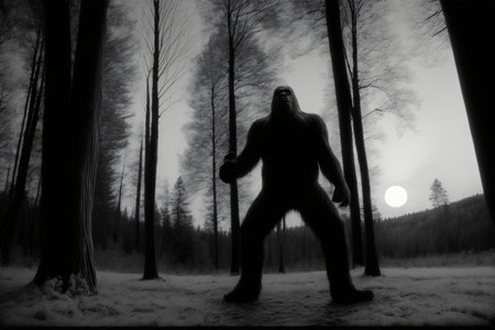 A Bigfoot Standing In The Middle Of A Forest. Generative AIの素材