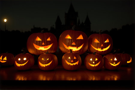 A Group Of Carved Pumpkins Sitting On Top Of A Table. Generative AIの素材