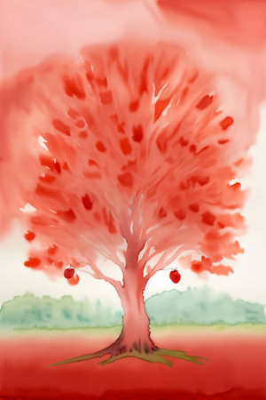 A Painting Of A Tree With Apples On It. Generative AIの素材
