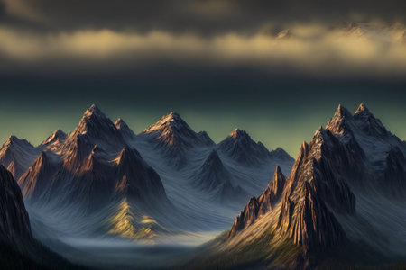 A Painting Of A Mountain Range Under A Cloudy Sky. Generative AIの素材