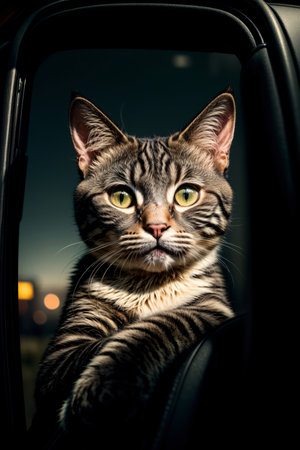A Cat Sitting In The Drivers Seat Of A Car. Generative AIの素材