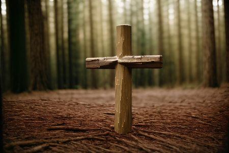 A Wooden Cross Sitting In The Middle Of A Forest. Generative AIの素材