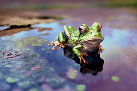 A Frog Sitting On Top Of A Puddle Of Water. Generative AIの素材