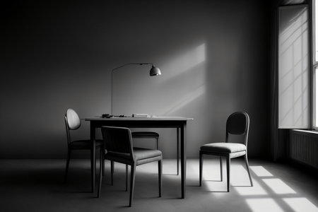 A Black And White Photo Of A Chair And A Table. Generative AIの素材