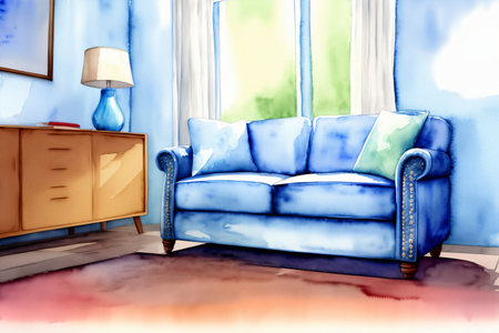 A Watercolor Painting Of A Blue Couch In A Living Room. Generative AIの素材