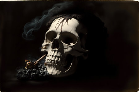 A Skull Smoking A Cigarette In A Dark Room. Generative AIの素材
