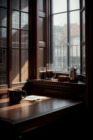 A Cup Of Coffee Sitting On Top Of A Wooden Table Next To A Window. Generative AIの素材