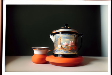 A Tea Pot Sitting On Top Of A Table Next To A Cup. Generative AIの素材