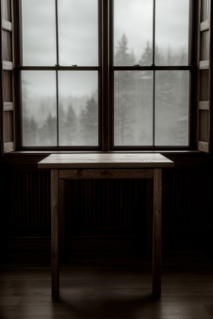 A Wooden Table Sitting In Front Of A Window. Generative AIの素材