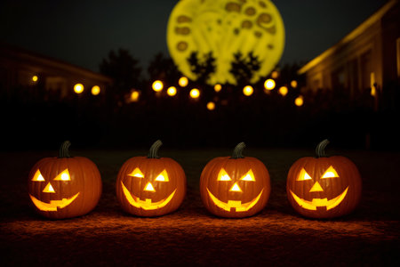 A Group Of Carved Pumpkins Sitting On Top Of A Field. Generative AIの素材