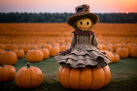 A Scarecrow Sitting On Top Of A Pumpkin In A Field. Generative AIの素材