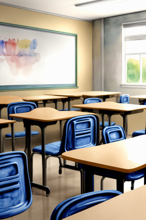 A Classroom Filled With Wooden Desks And Blue Chairs. Generative AIの素材