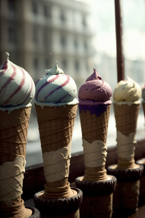 A Row Of Ice Cream Cones Sitting On Top Of A Window Sill. Generative AIの素材