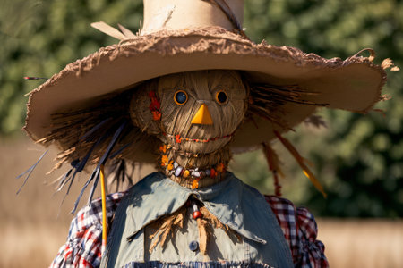 A Scarecrow Wearing A Straw Hat And A Scarecrow Costume. Generative AIの素材