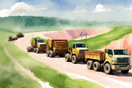 A Painting Of Three Dump Trucks Driving Down A Road. Generative AIの素材