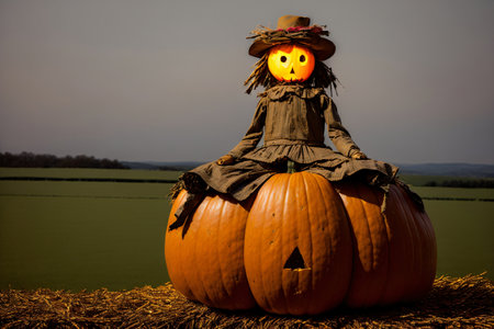 A Scarecrow Sitting On Top Of A Pumpkin. Generative AIの素材