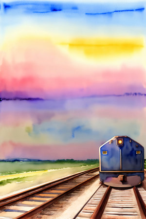 A Painting Of A Train On A Train Track. Generative AIの素材