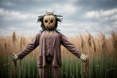 A Scarecrow Standing In A Field With His Hands On His Hips. Generative AIの素材