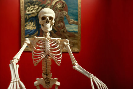 A Skeleton Is Standing In Front Of A Painting. Generative AIの素材