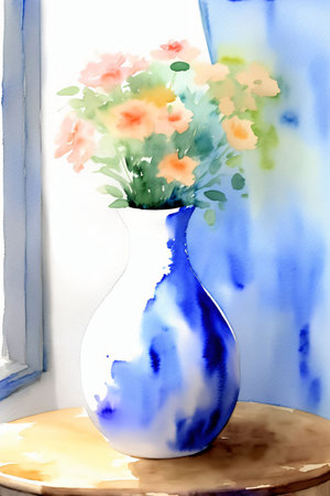 A Painting Of A Blue And White Vase With Flowers In It. Generative AIの素材