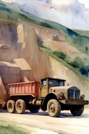 A Painting Of A Dump Truck In Front Of A Mountain. Generative AIの素材