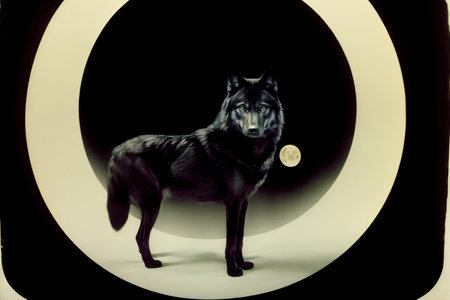 A Black And White Photo Of A Wolf In A Circle. Generative AIの素材