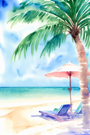 A Painting Of A Palm Tree On A Beach. Generative AIの素材
