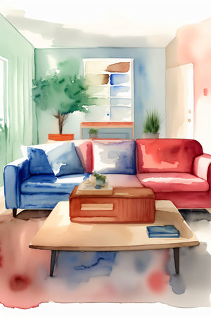 A Watercolor Painting Of A Living Room. Generative AIの素材