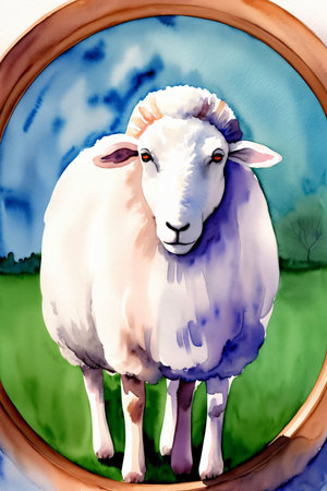 A Painting Of A Sheep Standing In A Field. Generative AIの素材
