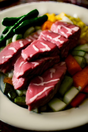 A Close Up Of A Plate Of Food With Meat. Generative AIの素材