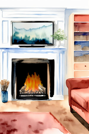 A Painting Of A Living Room With A Fire Place. Generative AIの素材