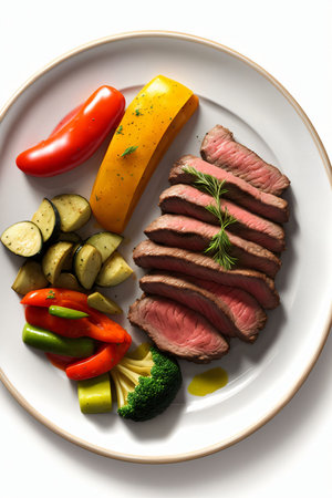 A White Plate Topped With Meat And Veggies. Generative AIの素材