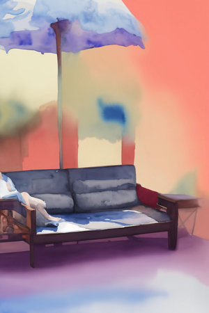 A Woman Sitting On A Couch Under An Umbrella. Generative AIの素材