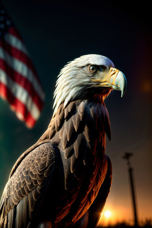 A Bald Eagle With An American Flag In The Background. Generative AIの素材