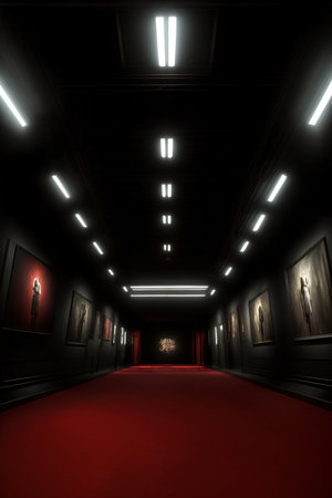 A Dimly Lit Hallway With Red Carpet And Pictures On The Walls. Generative AIの素材