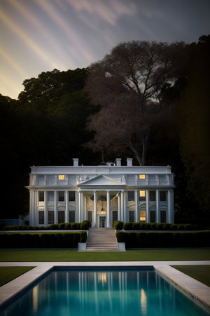 A Large White House With A Pool In Front Of It. Generative AIの素材