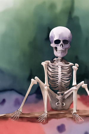 A Skeleton Sitting On A Piece Of Wood. Generative AIの素材