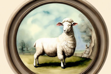 A Painting Of A Sheep Standing In A Field. Generative AIの素材