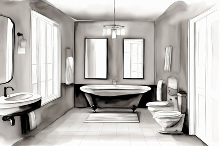 A Black And White Drawing Of A Bathroom. Generative AIの素材