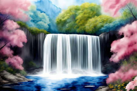 A Painting Of A Waterfall Surrounded By Trees. Generative AIの素材