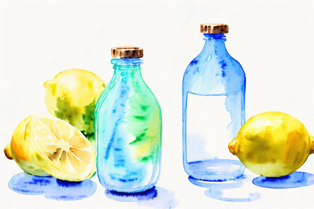 A Painting Of A Lemon And A Bottle Of Water. Generative AIの素材