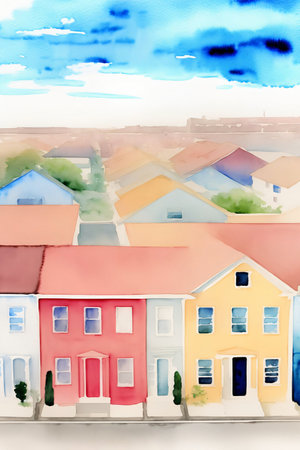 A Painting Of A Row Of Houses With A Blue Sky In The Background. Generative AIの素材