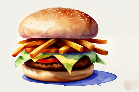 A Drawing Of A Hamburger With French Fries. Generative AIの素材