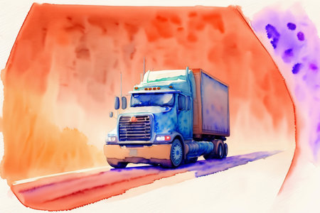 A Painting Of A Semi Truck Driving Down A Road. Generative AIの素材