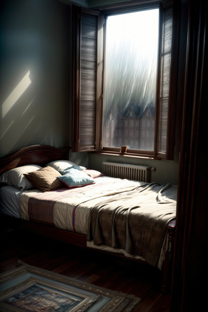 A Bed Sitting In A Bedroom Next To A Window. Generative AIの素材