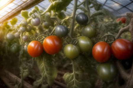 A Greenhouse Filled With Lots Of Green And Red Tomatoes. Generative AIの素材