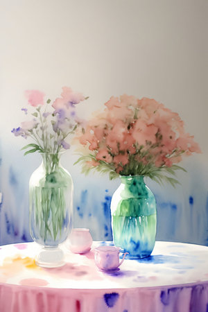 A Painting Of Two Vases With Flowers On A Table. Generative AIの素材