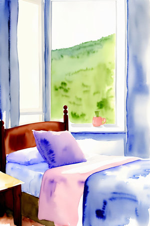 A Painting Of A Bedroom With A Bed And A Window. Generative AIの素材